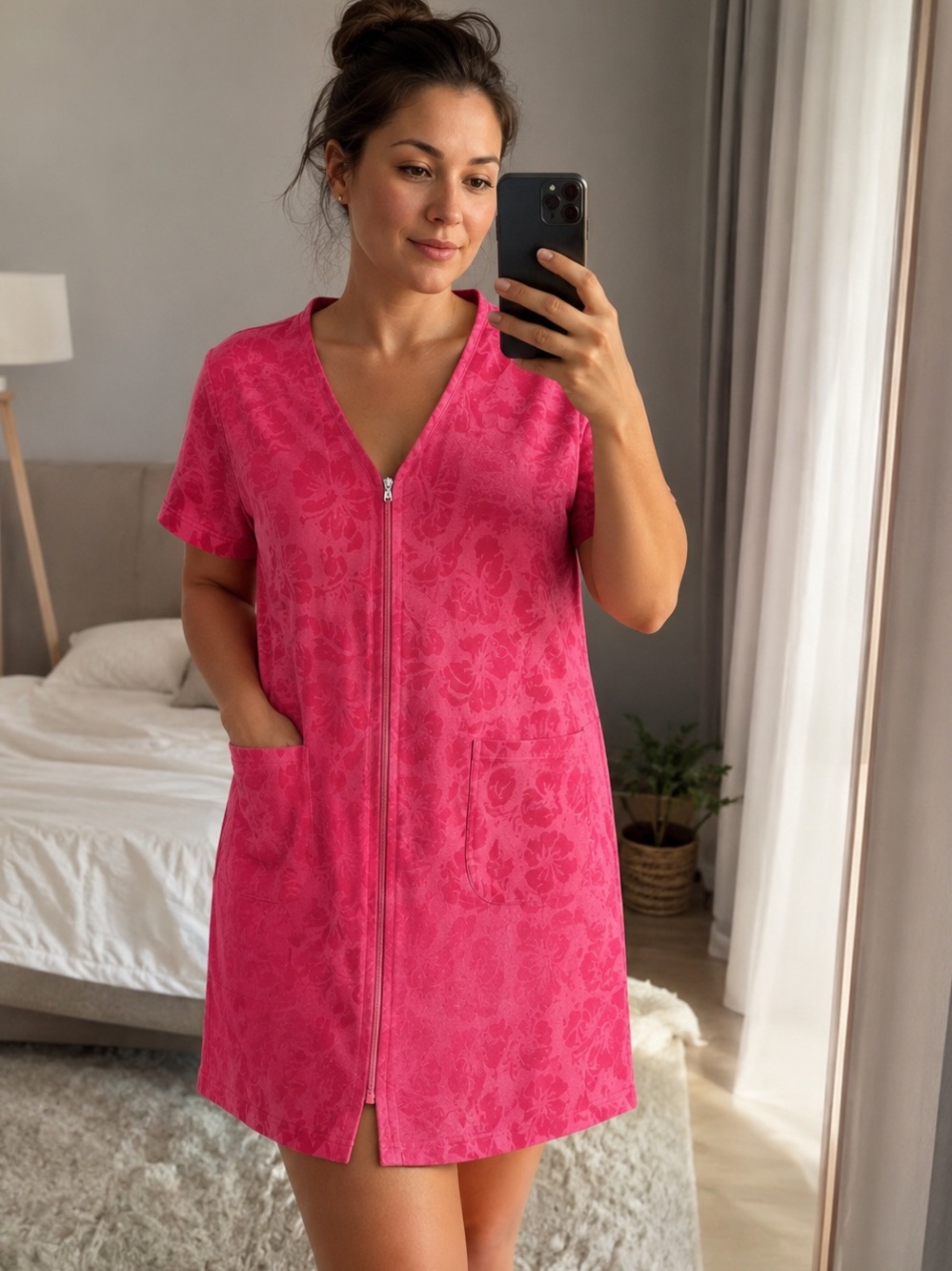 Jasmine Rose Pink Zip Front House Dress L NWT Terry Floral Lounge Robe